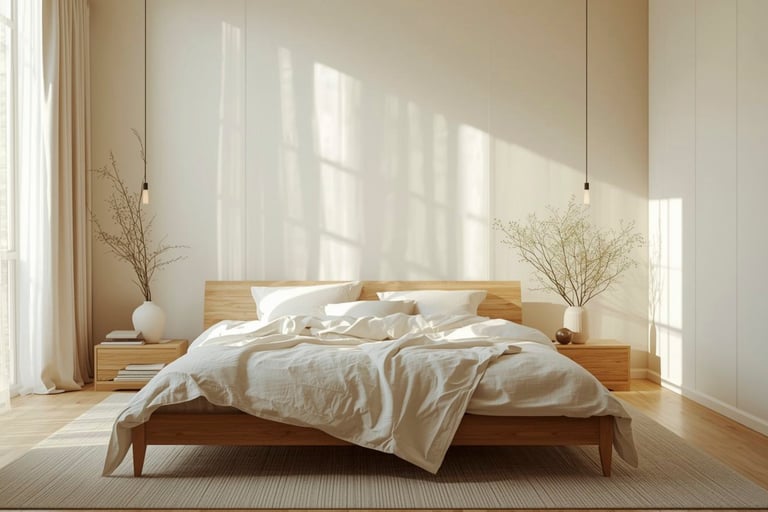 Space and clearance around the bed in a French Mediterranean bedroom.