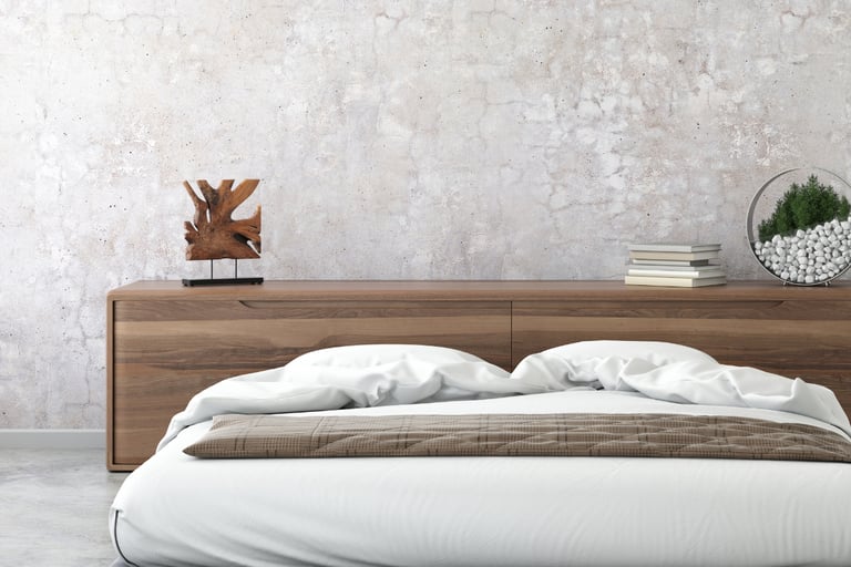 ed positioned as the room's anchor in a French Mediterranean bedroom.