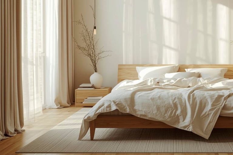 Linen curtains diffusing morning light in a French Mediterranean bedroom.