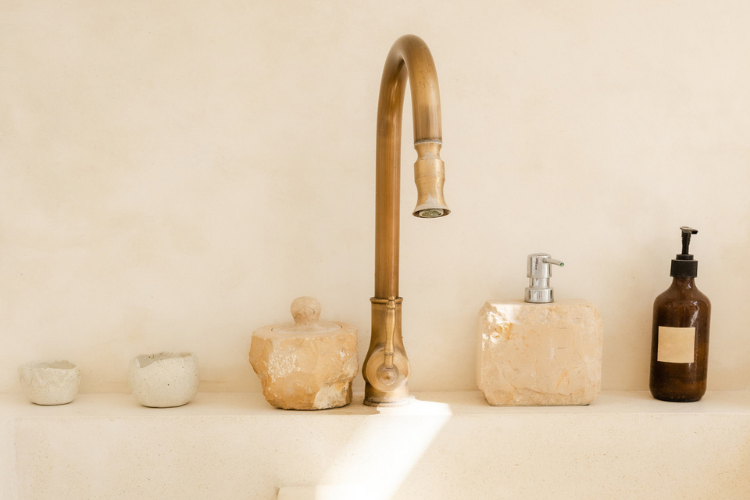 Brass tap on a stone basin in a Mediterranean bathroom.