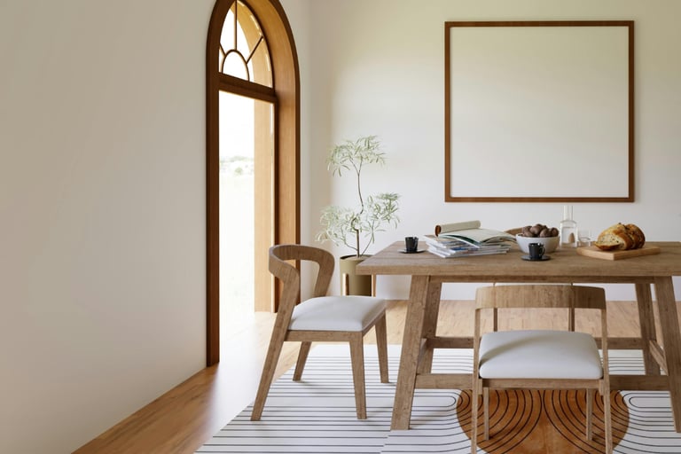 Stone, wood and linen in a French Mediterranean dining room.