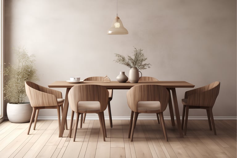 Dining room composition with negative space, French Mediterranean.