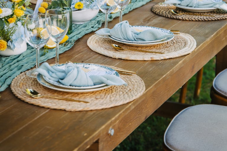 Linen, wood and stone meeting at a dining chair, French Mediterranean.