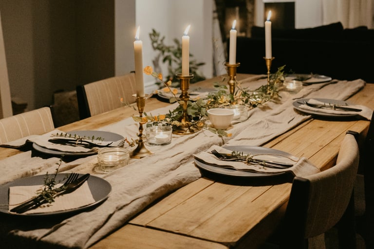 Informal dressed dinner table in a French Mediterranean home