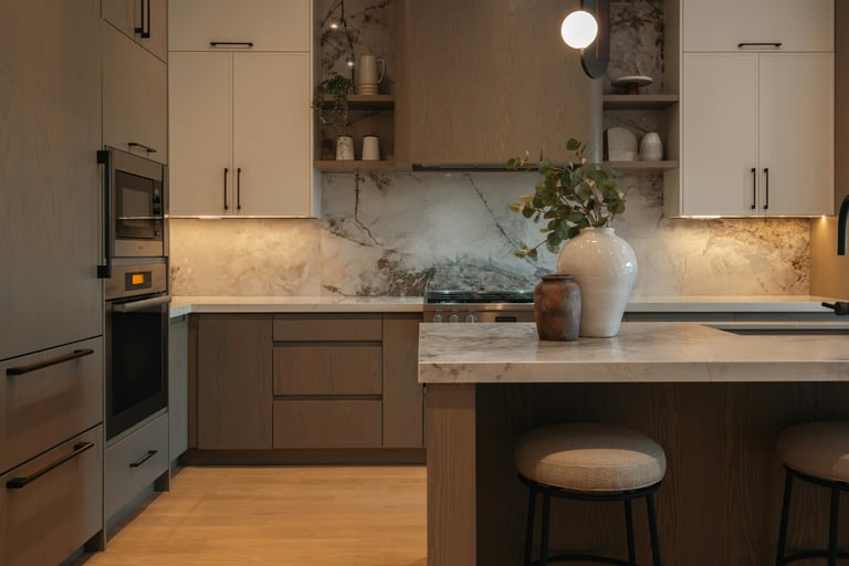 Kitchen counter in evening light, French Mediterranean.