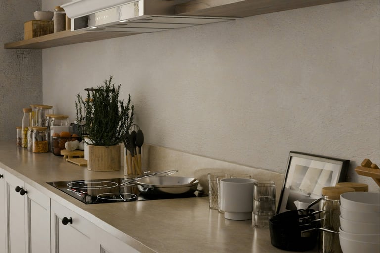 Lime plaster back wall in a French Mediterranean kitchen!