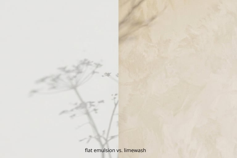 True limewash texture next to flat emulsion, shown side by side.
