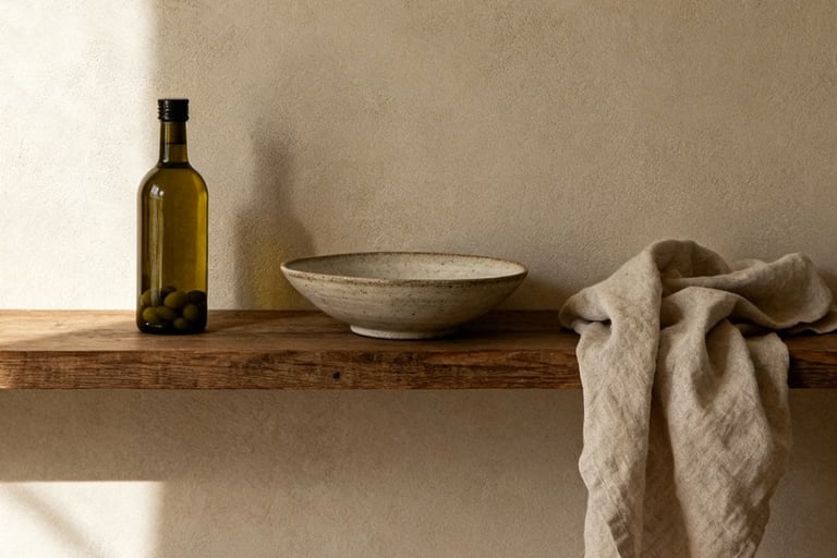 Warm white plaster in a French Mediterranean living room.