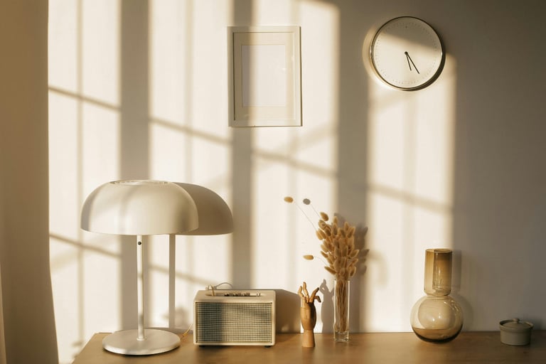 A French Mediterranean living room corner in changing seasonal light.