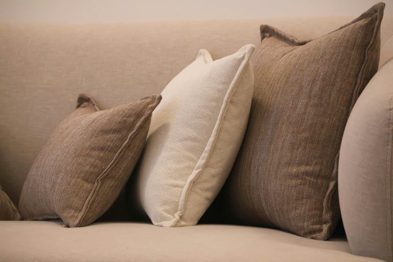 Linen texture in a French Mediterranean living room.