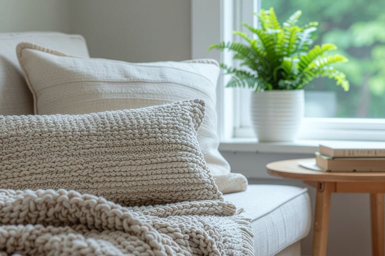 Low linen sofa in a French Mediterranean living room.