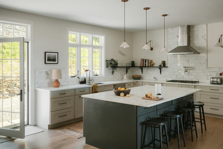 Nearly clear Mediterranean kitchen worktop with a few everyday objects in soft daylight.