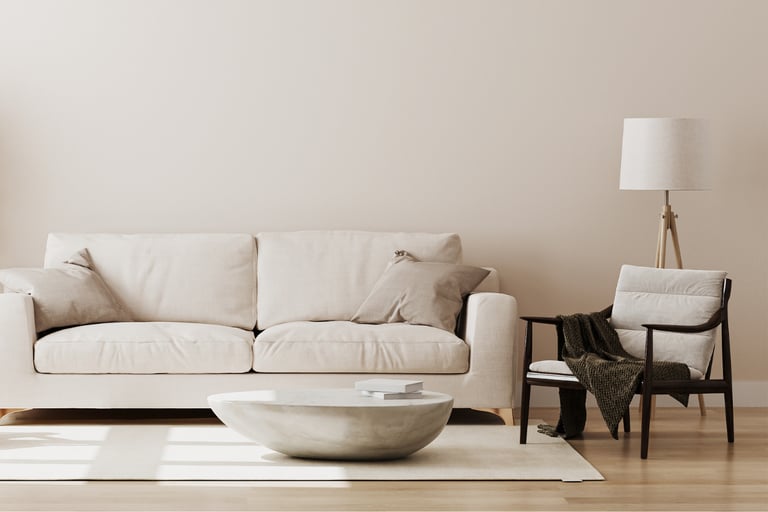 Limewash wall, wooden floor and linen — natural materials in a new build.