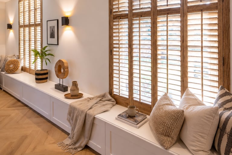 Wooden shades filtering strong afternoon sunlight in a Mediterranean room