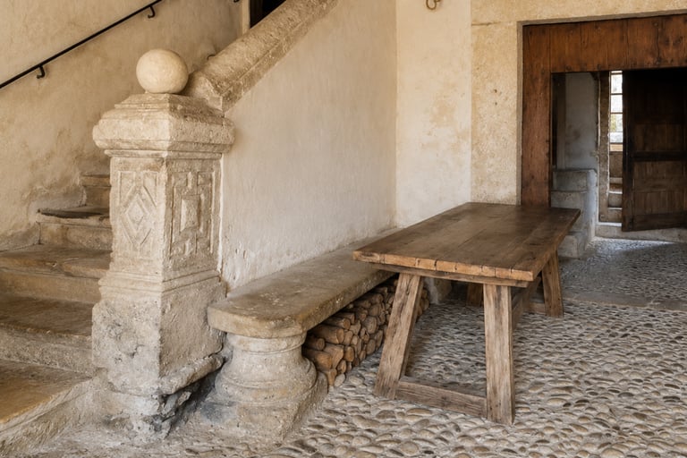 An uneven step or a stone bench in a French Mediterranean house.