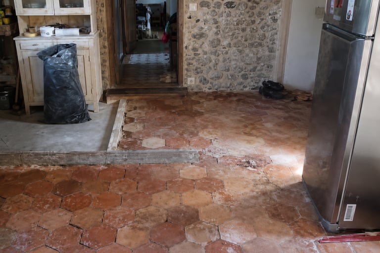 Original terracotta floor in a traditional French Mediterranean house.