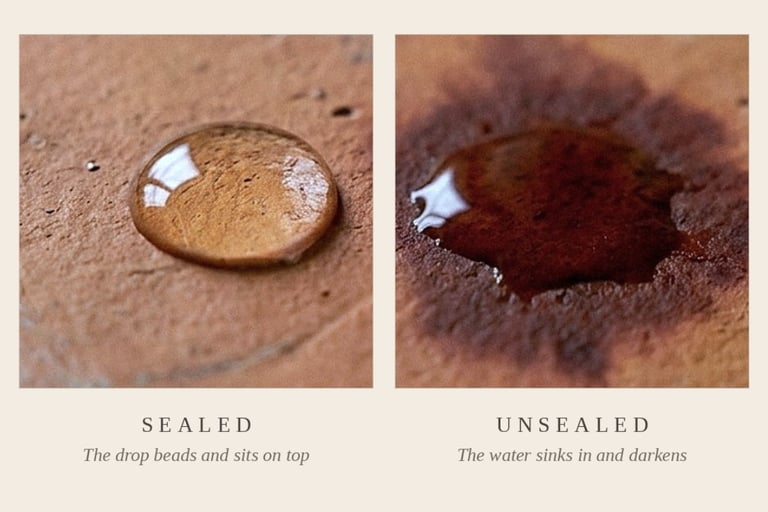 water drop test on terracotta, one drop beads on a sealed tile while another soaks in where the tile