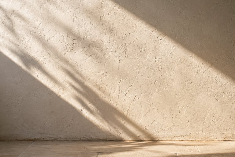 Textured lime plaster wall in warm Mediterranean light, with a soft palm shadow grazing across the h