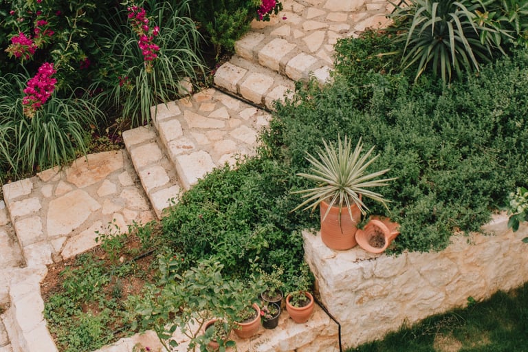Weathered limestone terrace floor in a French Mediterranean garden.