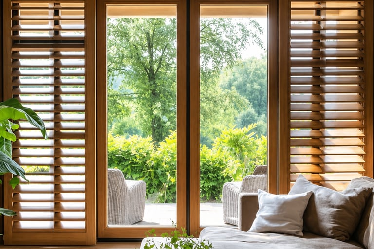 Timber shutters and a deep reveal filtering strong sun in a southern home.