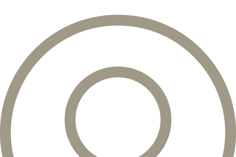 Minimalist geometric symbol with a circle inside a semicircular arch and a dot above it.