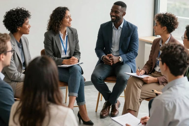 A warm group photo of diverse clinicians smiling together in a bright, welcoming office space.