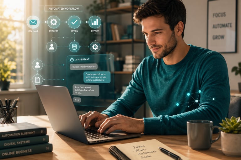Emprendedor gestionando servicios de automatización con IA para empresas desde su computadora