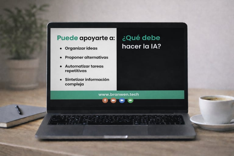 Laptop screen showing a Spanish presentation on how AI can help organize ideas and automate tasks.
