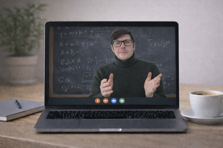 A male professor teaching an online math class via video call on a laptop screen.