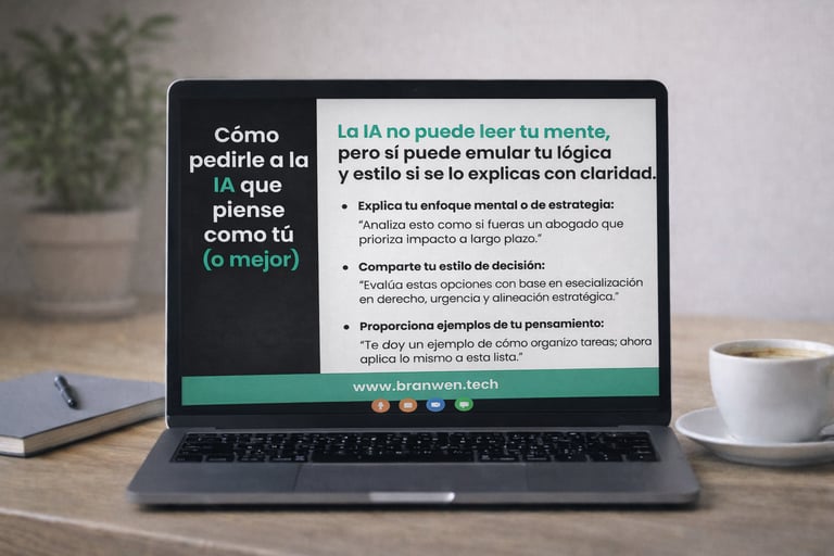 Laptop screen showing a guide on how to prompt AI to emulate human logic and decision-making styles.