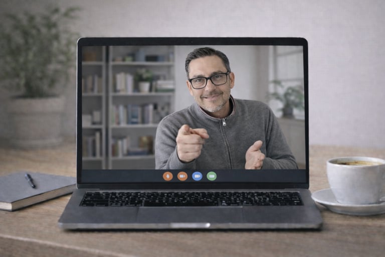 Professional man hosting a remote video conference call on a laptop computer.