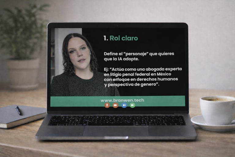 Laptop screen showing a woman giving a lesson on defining clear roles for AI prompts in Spanish.
