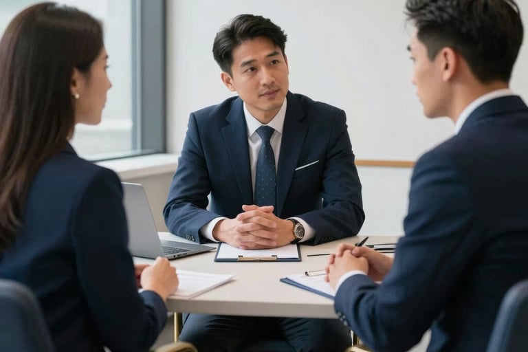 A professional North American man and woman sitting across from a financial professional in a bright, dignified office with navy blue and gold accents, engaging in a calm and reassuring conversation.