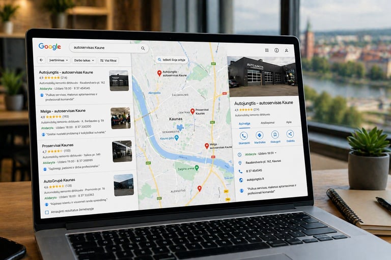 Google Maps su Kauno verslo vietomis ir optimizuotais Google Business Profile pavyzdžiais
