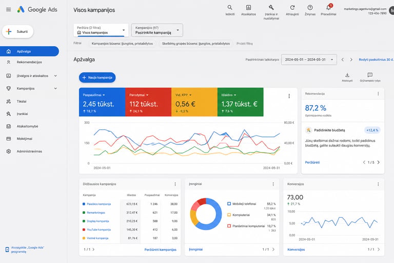 Marketingo agentūra Kaune – Google reklamos dashboard screenshot