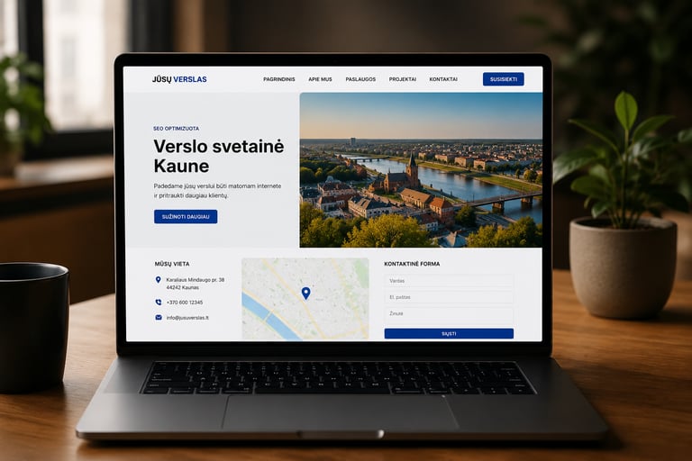 SEO optimizuota verslo svetainė Kaune su žemėlapiu ir kontaktine forma