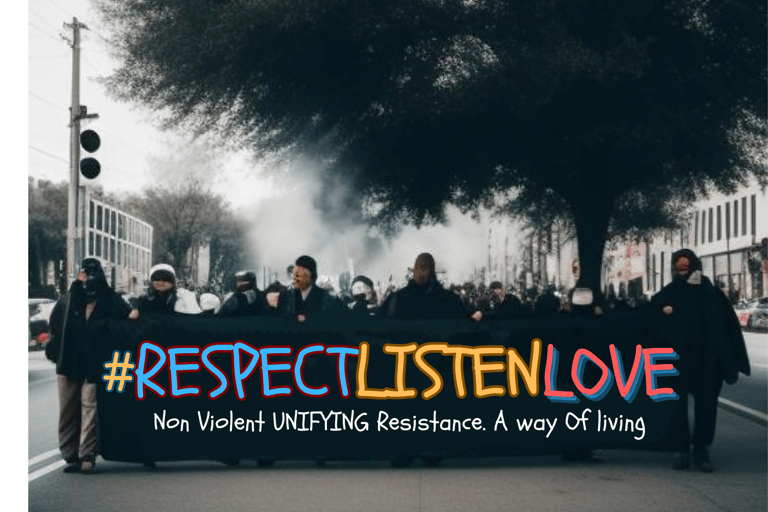 a group of people marching behind a sign a Unifying hashtag #RespectListenLove 