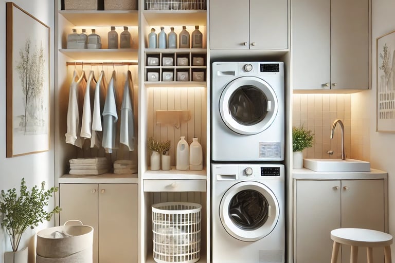 neutral colored laundry room with storage