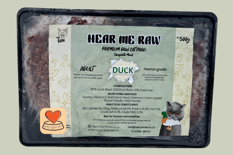 Image of Hear Me Raw's Duck complete raw cat food found at Kitty's Rawr Store