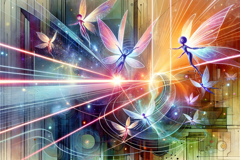 illustration for poem for the laser with flying fairies between