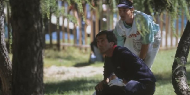 Seve and Billy crouching down to view the impossible gap