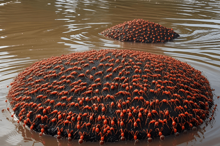 a bunch of Ants on a large round object in the water