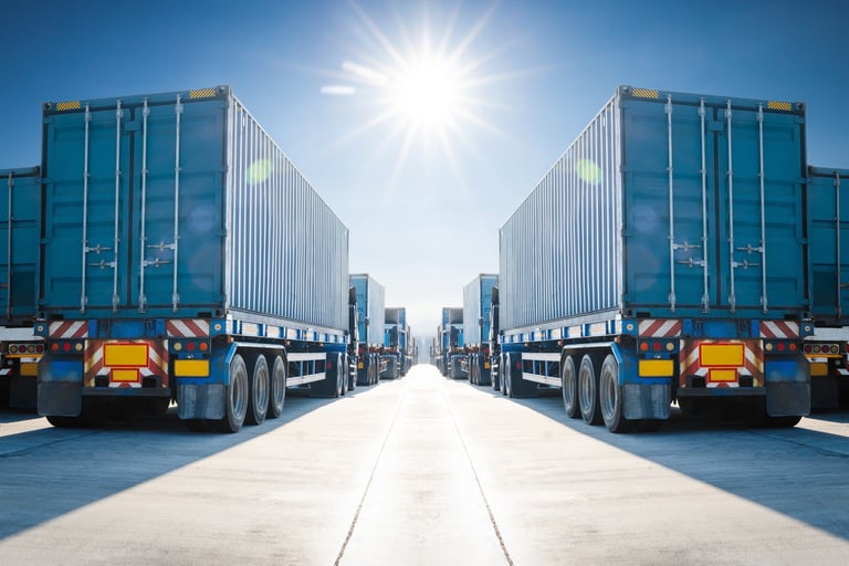Semi Trailer Trucks at the Port. Shipping Container Import- Export. Trucking. Freight Logistics 