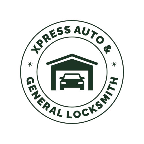 Logo for business. circle inside circle. inner circle has car in a garage. outer circle says xpress auto & general locksmith