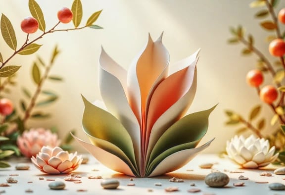 Abstract paper sculpture in pastel tones — botanical setting with soft light and serene composition.