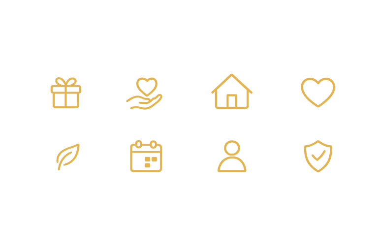 Gold thin line icons representing charity, home, and health on a black background.