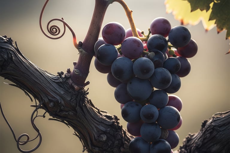 Un grappolo di uva su una vigna con tralci visibili