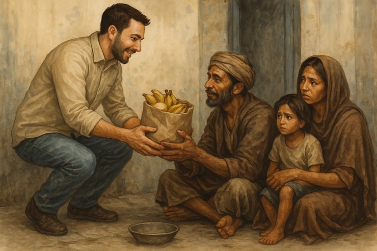 illustration of a man donating food to a poor family as part of Selfless Service (Seva)