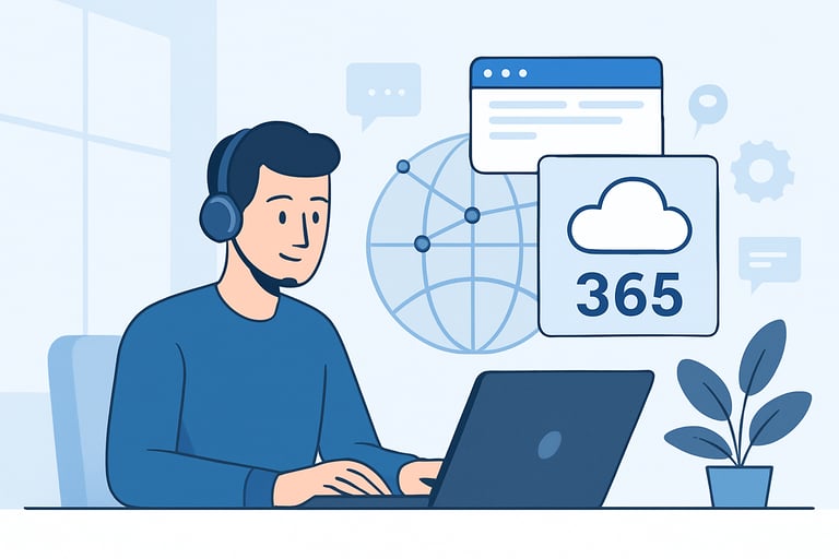 Illustration of remote IT professional at laptop with cloud overlay