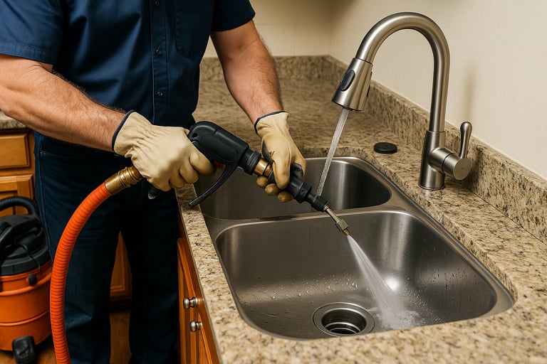 Plumber using hydro jetting hose to clean kitchen sink drain, modern kitchen setting.